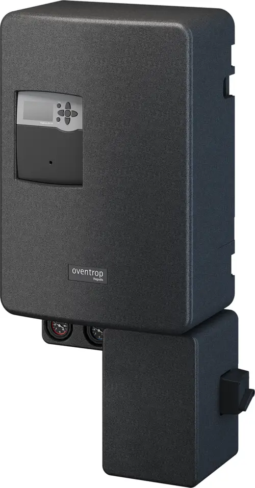 Hausübergabestation von Oventrop mit digitalem Display und zwei Druckanzeigen, ideal für Nah- und Fernwärmenetze.